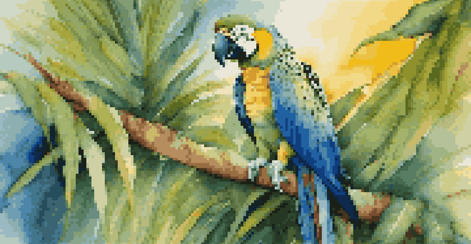 A close-up of a colorful parrot perched on a branch with lush tropical foliage in the background.