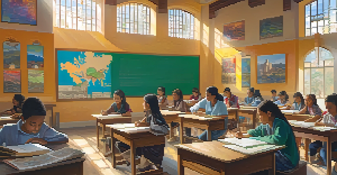 A teacher in a colorful classroom teaching about ancient civilizations to a diverse group of engaged students.