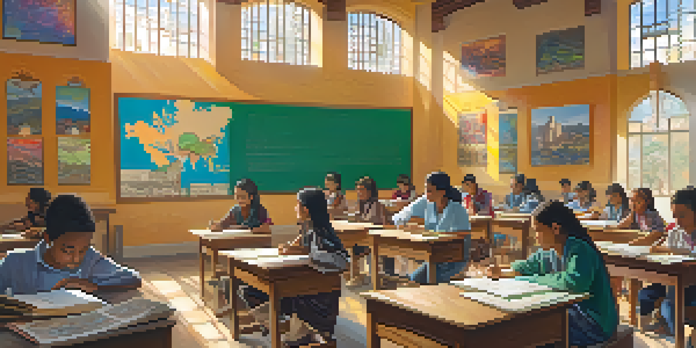 A teacher in a colorful classroom teaching about ancient civilizations to a diverse group of engaged students.
