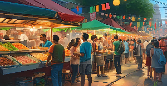 A lively street food market filled with colorful stalls serving tacos, banh mi, and fresh fruits, with people enjoying food under warm string lights.