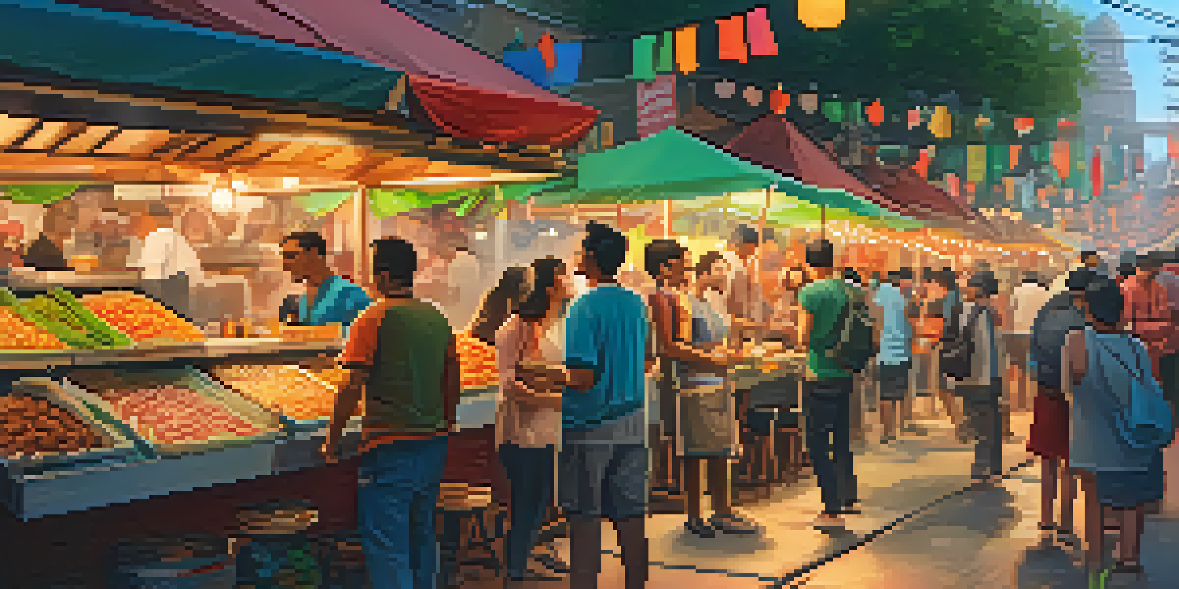A lively street food market filled with colorful stalls serving tacos, banh mi, and fresh fruits, with people enjoying food under warm string lights.
