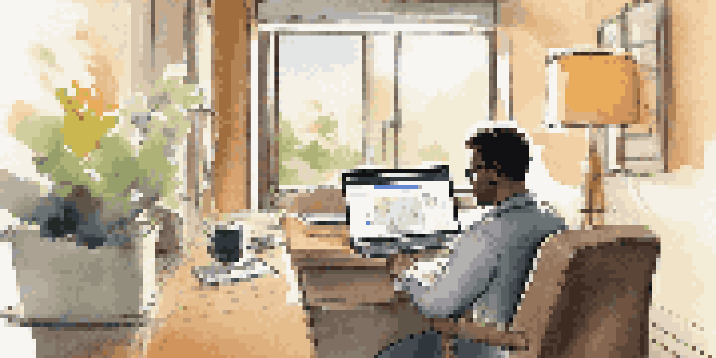 A person participating in a virtual meeting in a hotel room, with a laptop and a notebook, surrounded by soft lighting and a sunny window view.