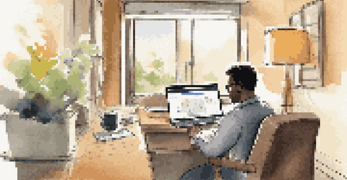 A person participating in a virtual meeting in a hotel room, with a laptop and a notebook, surrounded by soft lighting and a sunny window view.