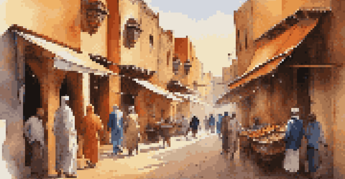 A colorful street scene in the Medina of Marrakech with bustling locals and intricate tile work on buildings during sunset.