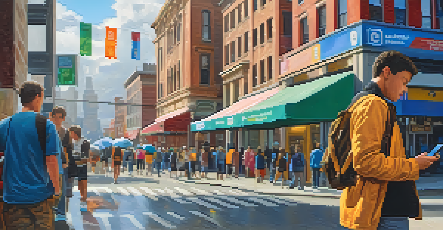 A traveler checking a weather app on their smartphone in a busy city.