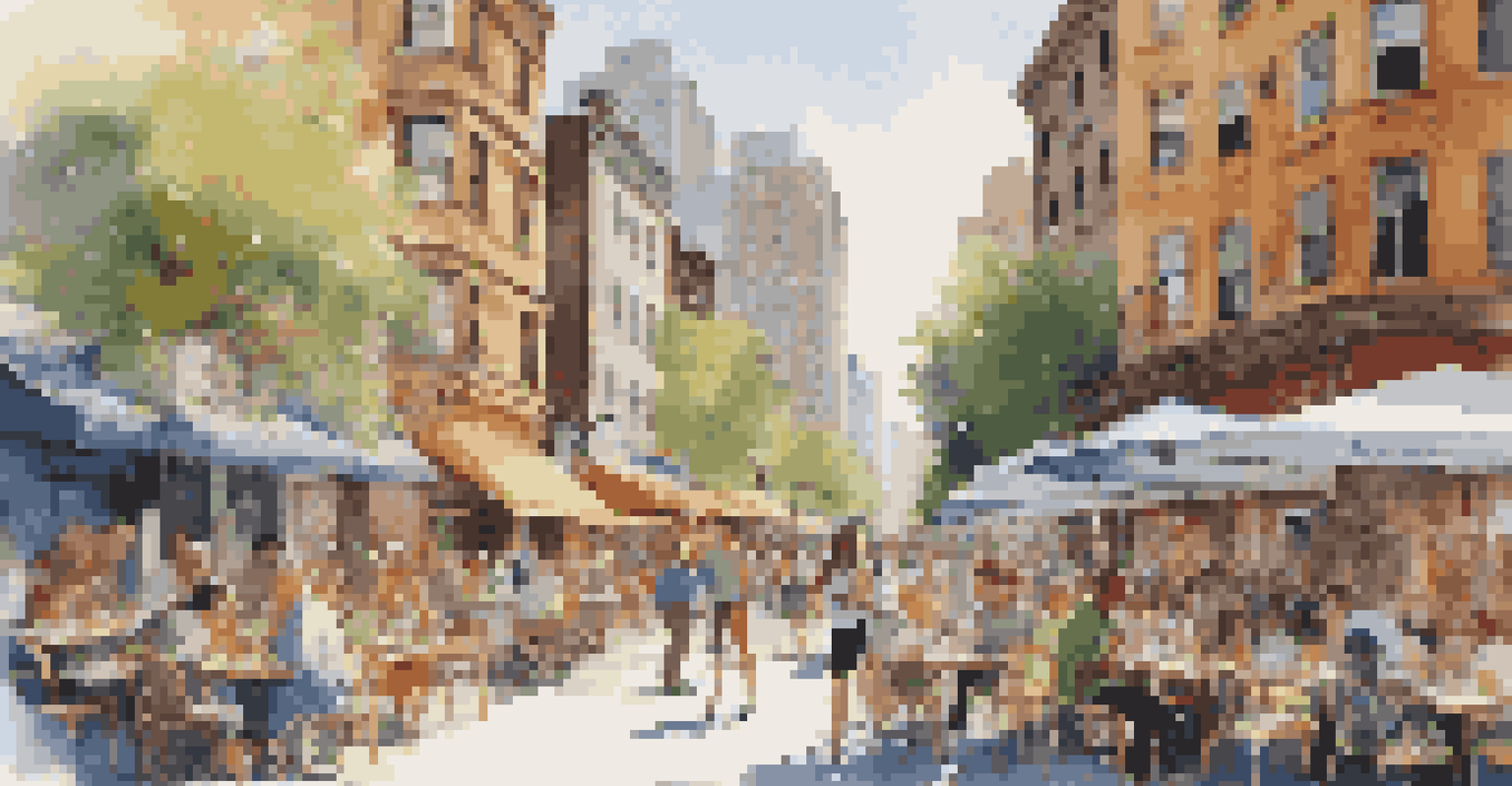 A lively city street with people dining outdoors at colorful cafés under a bright blue sky.