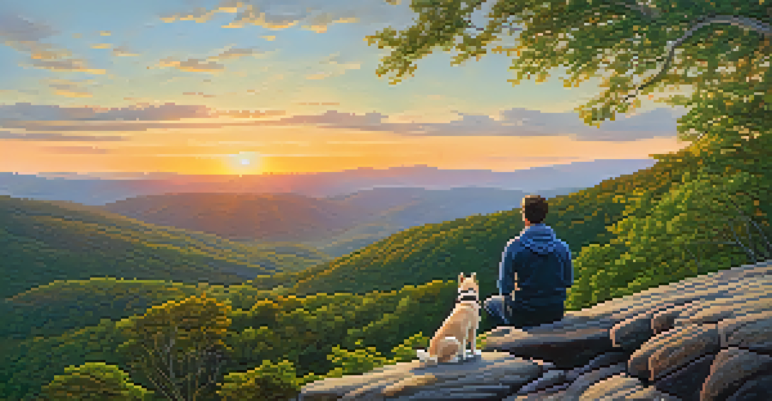 A pet owner and their dog at a scenic overlook in Shenandoah National Park, with rolling hills and a sunset in the background.