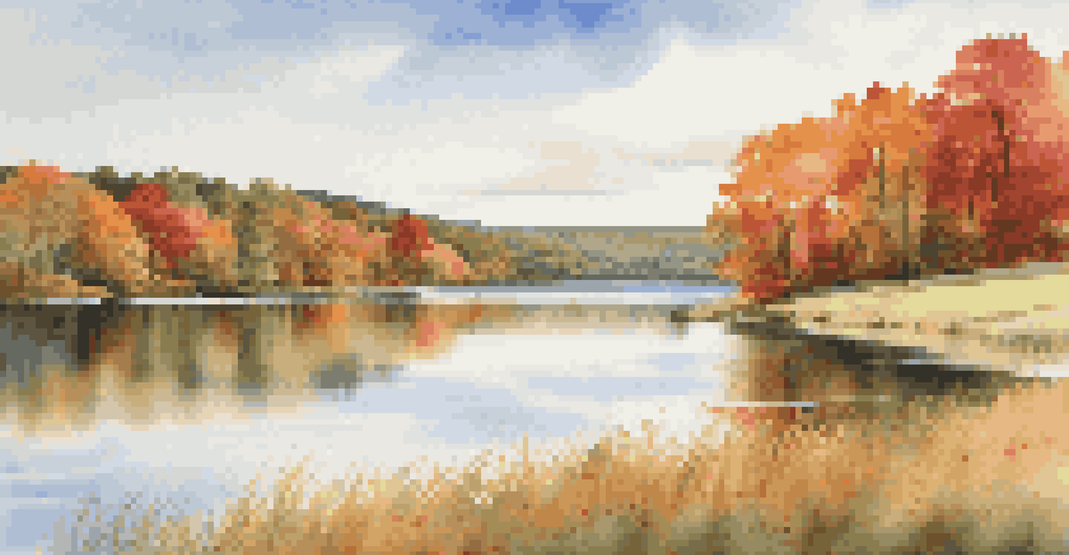 A serene autumn landscape in Connecticut's Litchfield Hills, displaying colorful foliage on rolling hills, a peaceful lake with reflections of trees, and a clear blue sky.