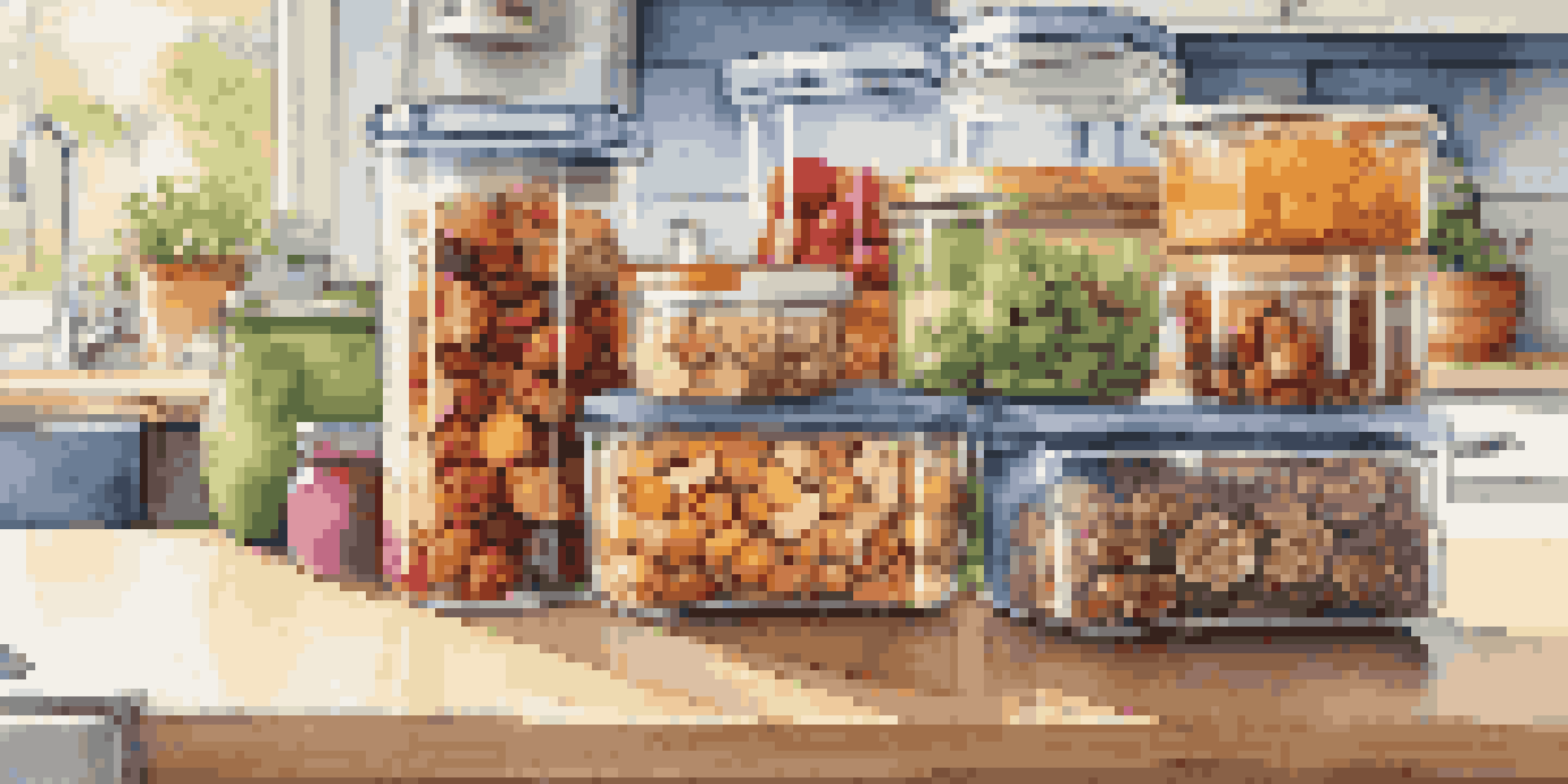 A colorful assortment of travel snacks including nuts, dried fruits, and energy bars displayed in clear containers on a sunny kitchen counter.