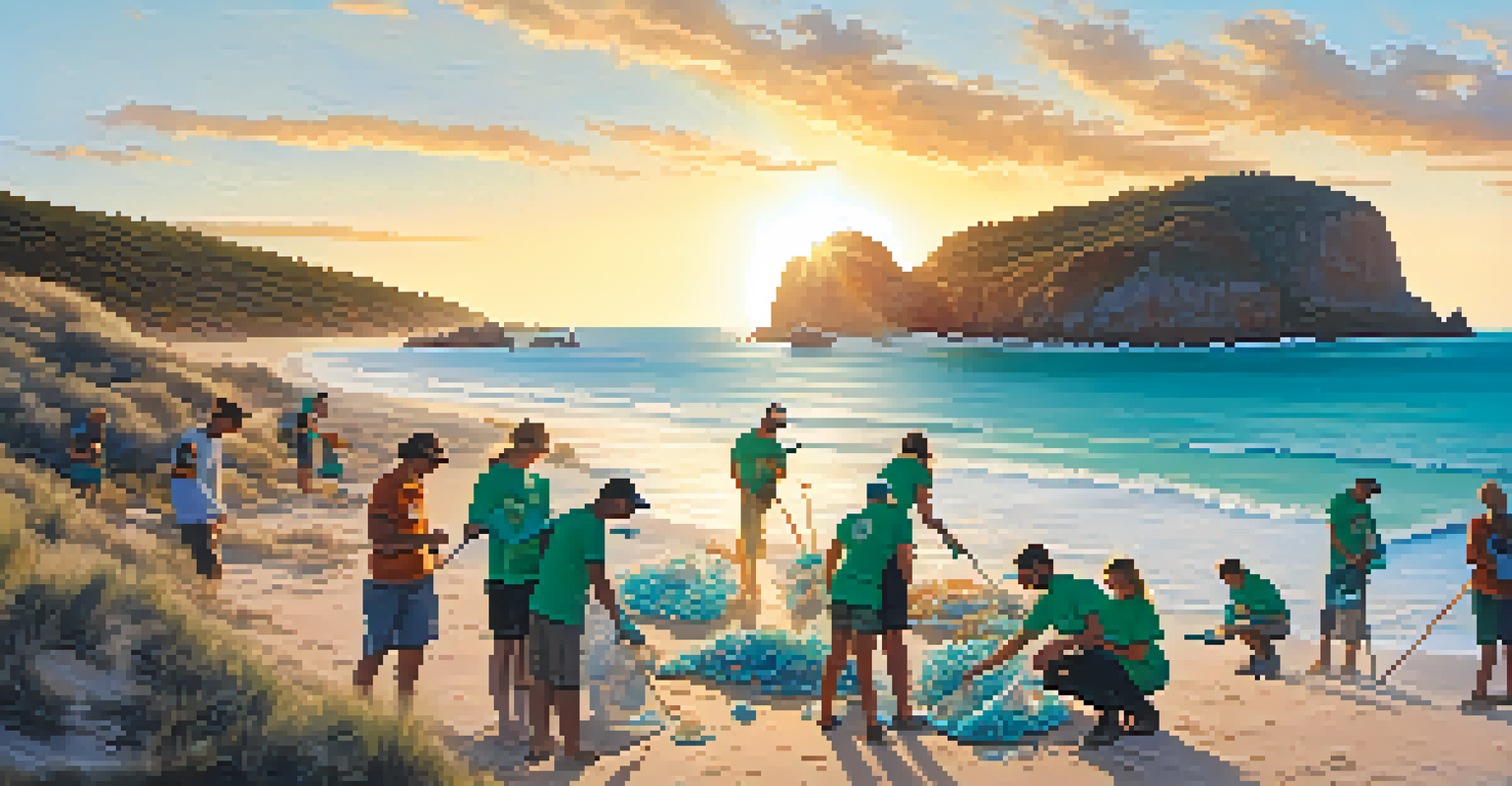 Eco-volunteers cleaning up plastic waste on an Australian beach during sunset, with turquoise waters and cliffs in the background.