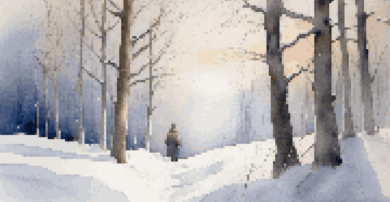 A winter scene with a person in warm clothing surrounded by snow-covered trees.