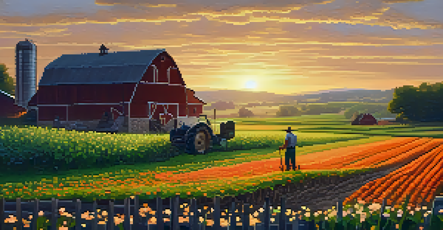 A peaceful farm landscape with a farmer tending crops under a golden sunset sky.