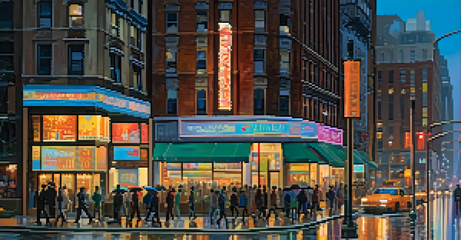 A lively city street at dusk with neon signs, pedestrians, tall buildings, and shiny wet pavement from light rain.
