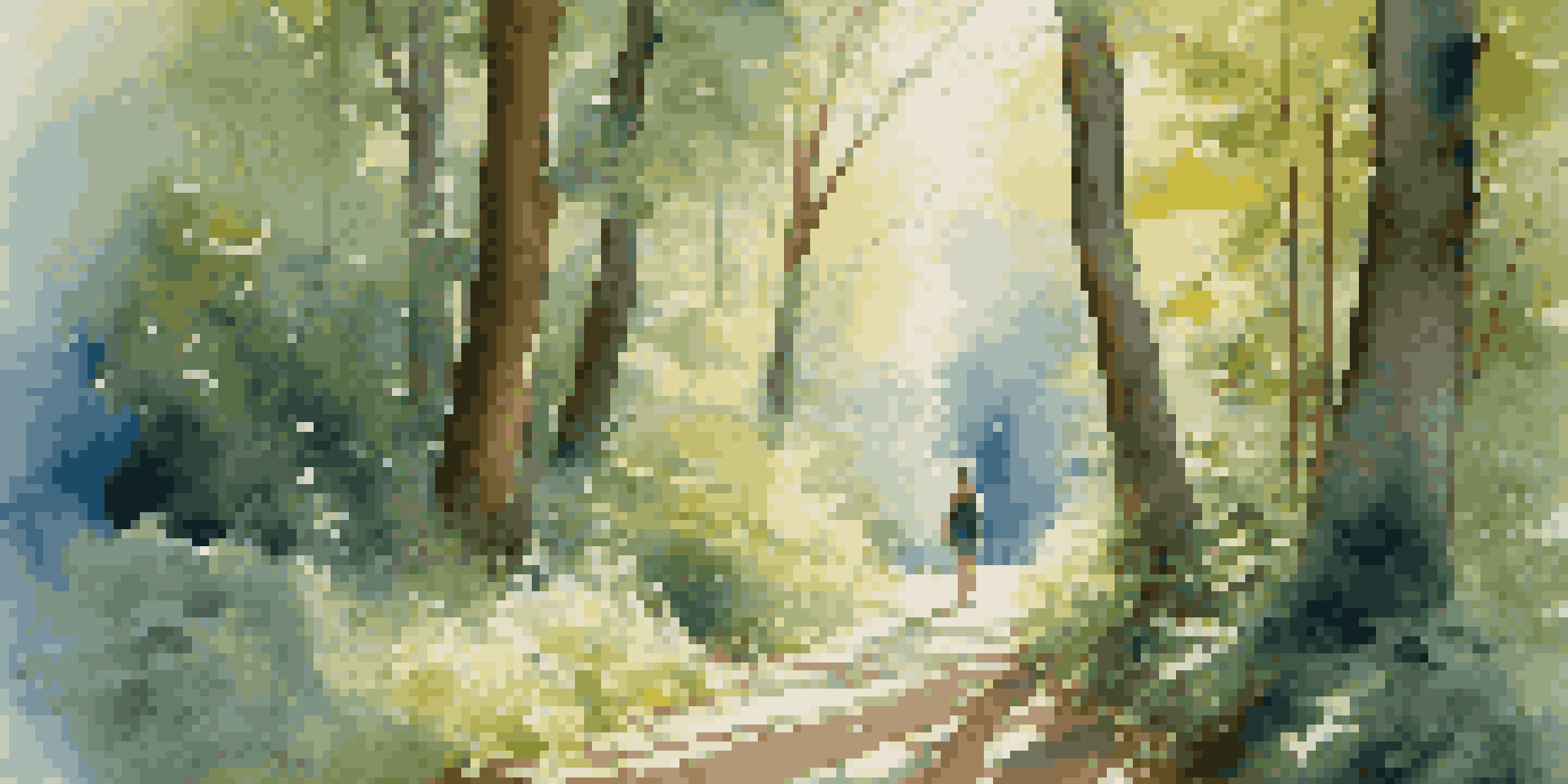A tranquil forest path illuminated by morning light, with a person walking among tall trees.