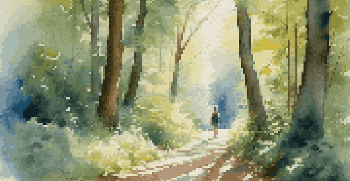 A tranquil forest path illuminated by morning light, with a person walking among tall trees.