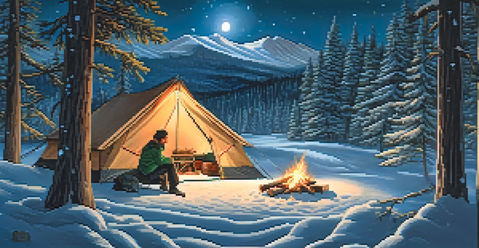 A peaceful winter camping scene with a snow-covered tent, tall pine trees, and a glowing campfire under a starry night sky.