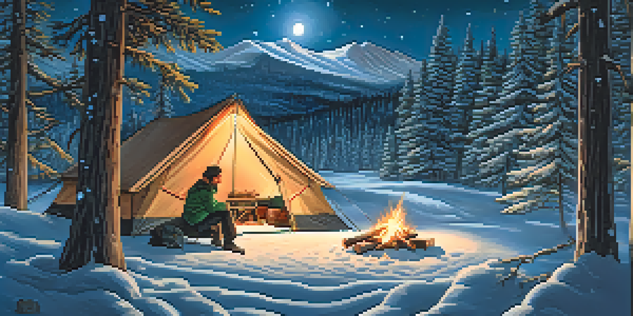 A peaceful winter camping scene with a snow-covered tent, tall pine trees, and a glowing campfire under a starry night sky.