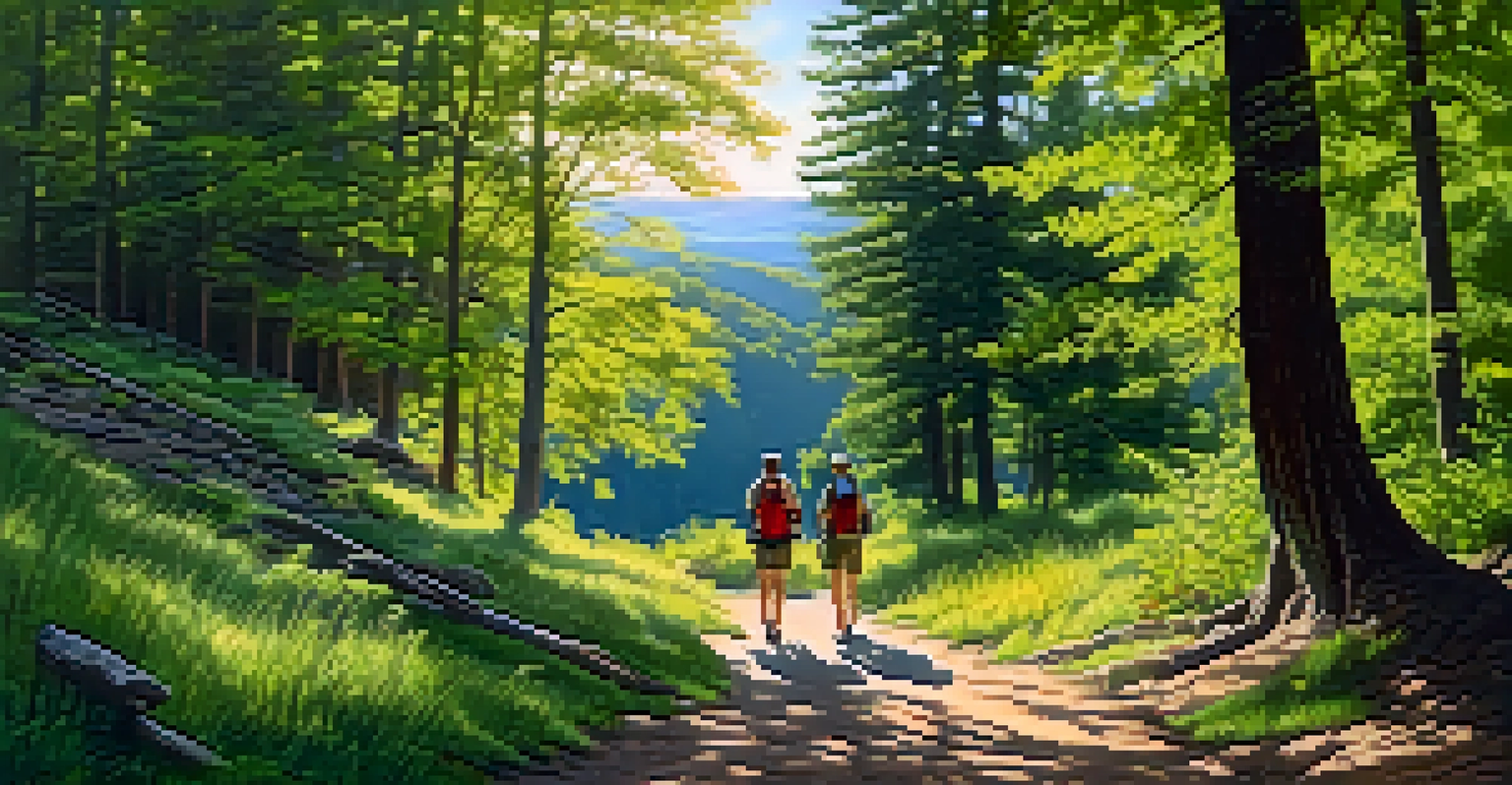 Tourists hiking in a national park, surrounded by trees and wildlife, with sunlight filtering through the leaves and a historical landmark in the distance.