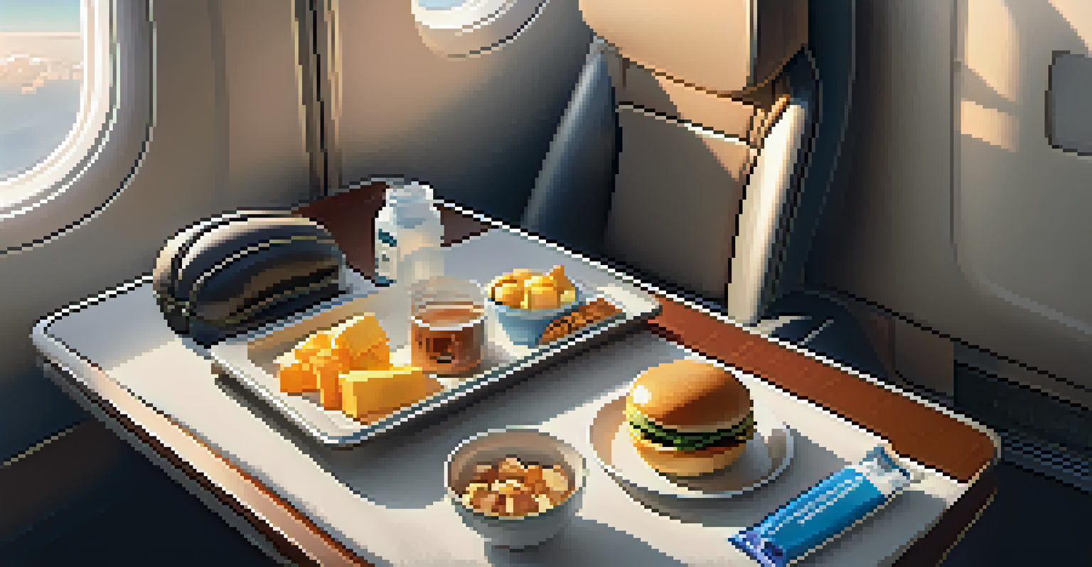 Cozy airplane seat with a neck pillow, eye mask, and snacks.