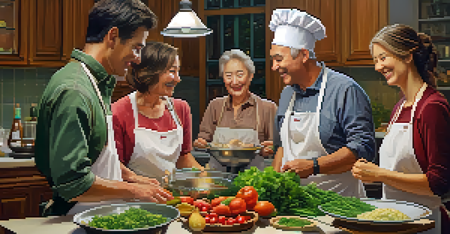 A cooking class in a cozy kitchen with locals and travelers making traditional dishes together, surrounded by fresh ingredients and laughter.