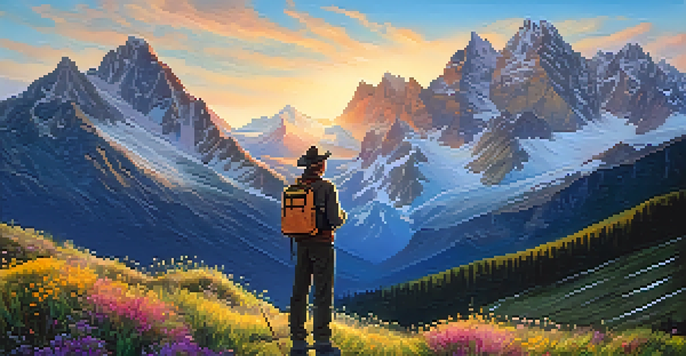 A traveler with a map gazing at a stunning mountain landscape during sunrise, surrounded by wildflowers.