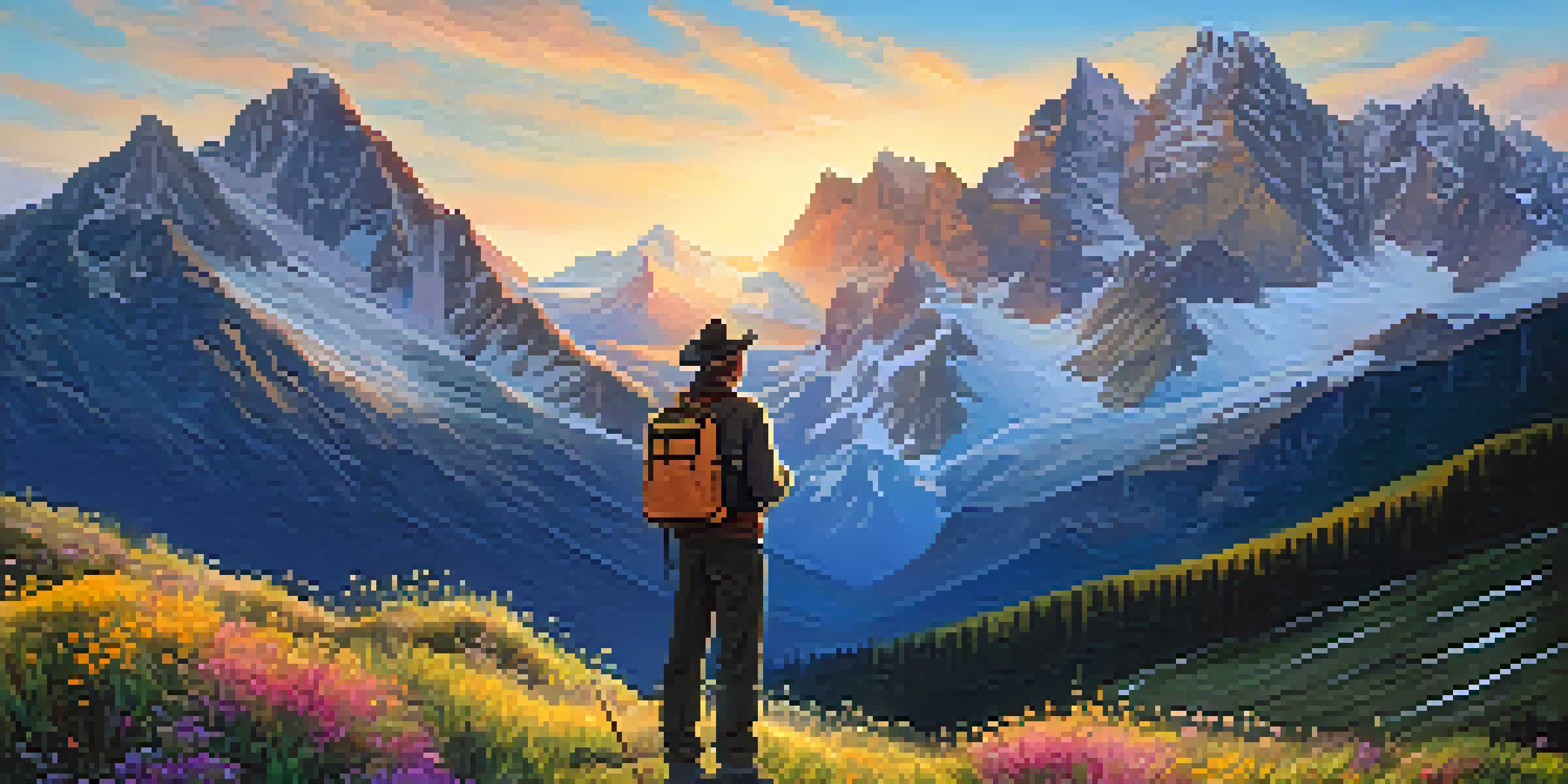 A traveler with a map gazing at a stunning mountain landscape during sunrise, surrounded by wildflowers.
