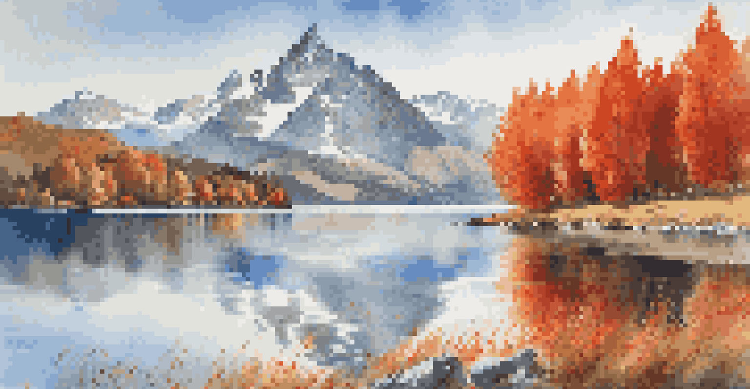 A beautiful autumn landscape at Lake Sils, with colorful trees reflecting on the calm water and mountains in the background.