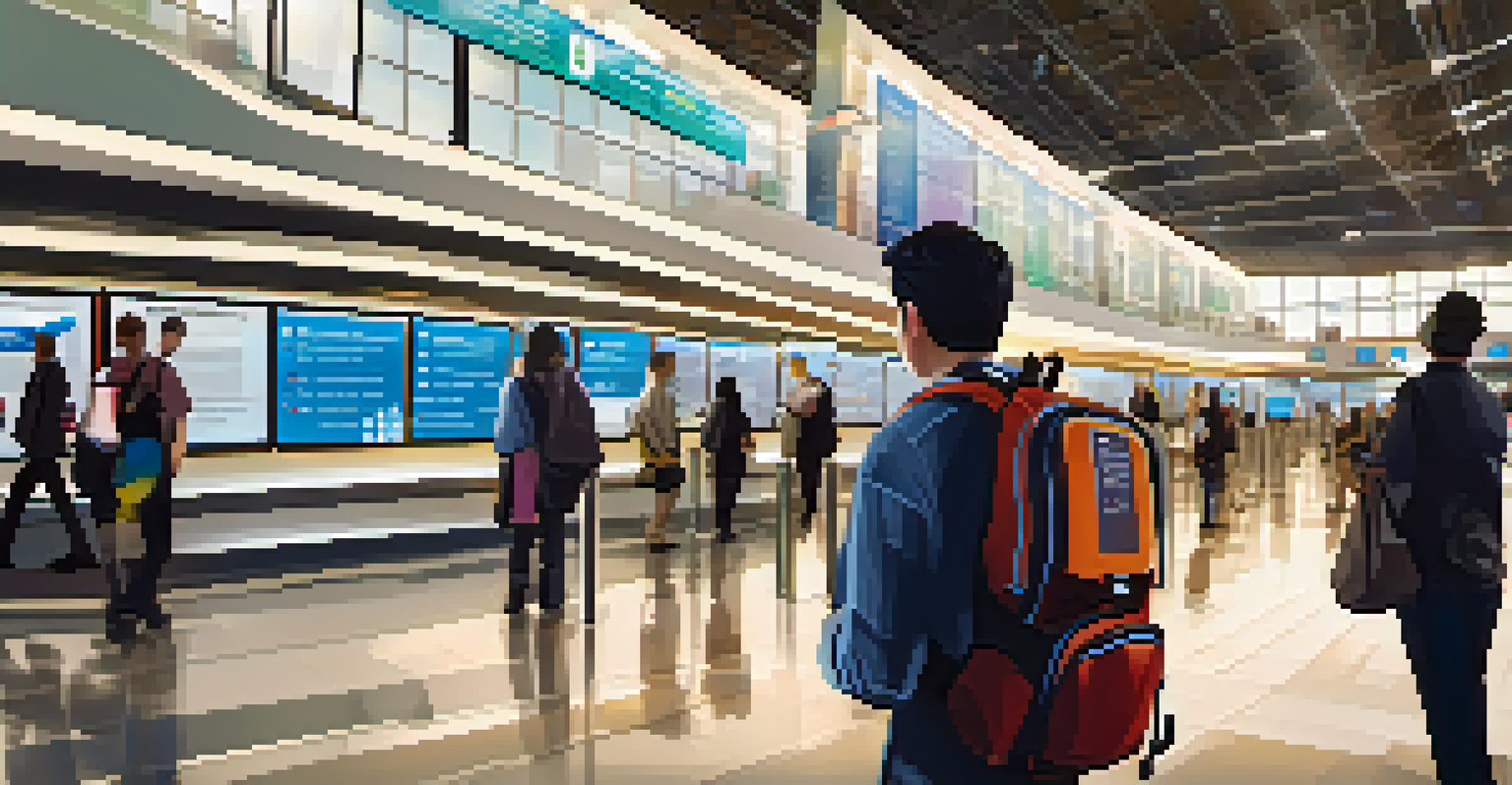 A traveler using a smartphone at an airport surrounded by digital screens and a backpack made from recycled materials.