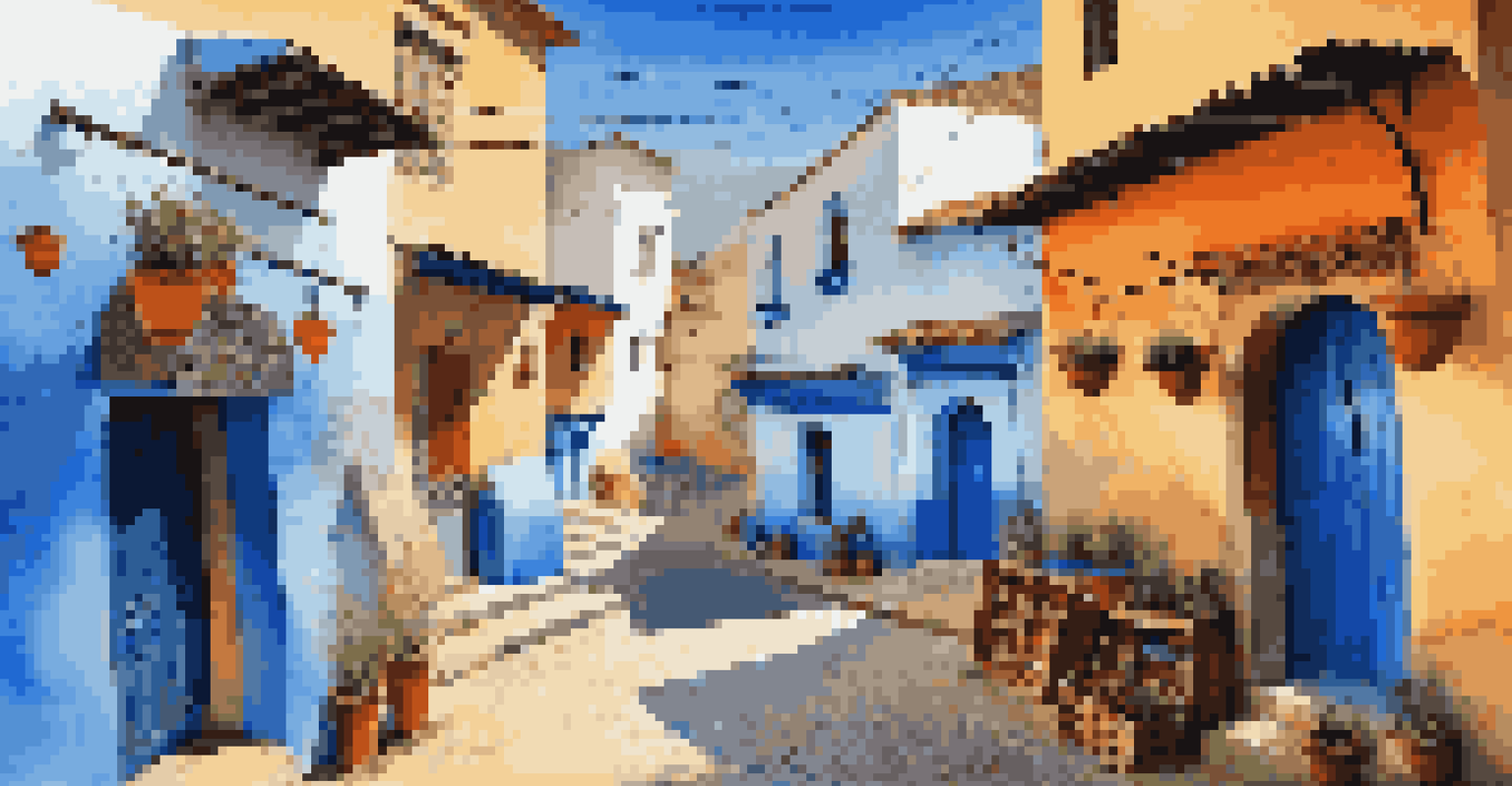 Charming blue streets of Chefchaouen, Morocco, featuring local market stalls and warm sunlight.