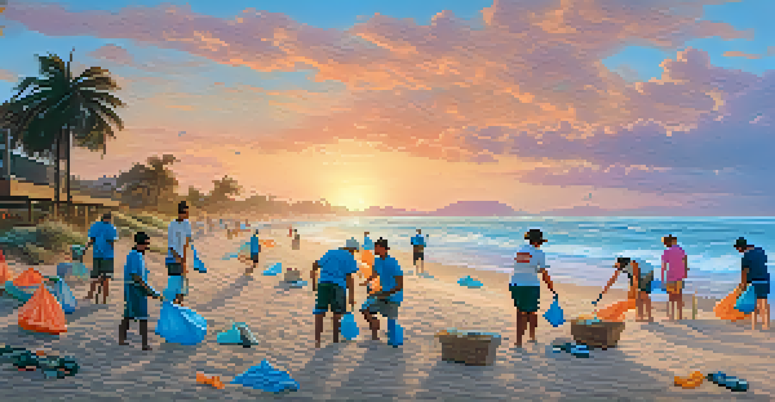 Volunteers collecting trash on a beach during sunset.