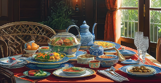 A beautifully arranged dining table featuring diverse international dishes, decorated with colorful tableware and warm lighting.