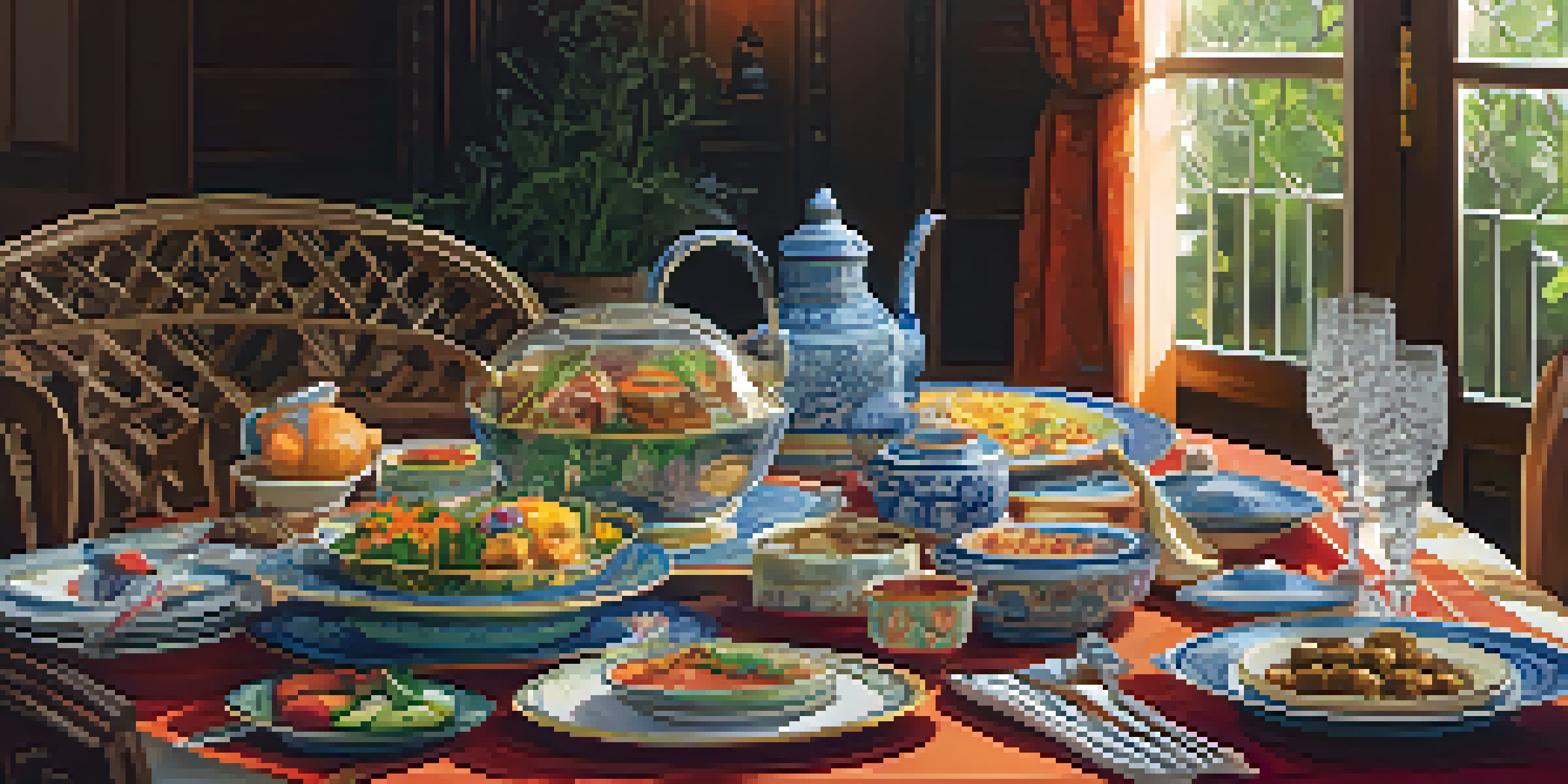 A beautifully arranged dining table featuring diverse international dishes, decorated with colorful tableware and warm lighting.