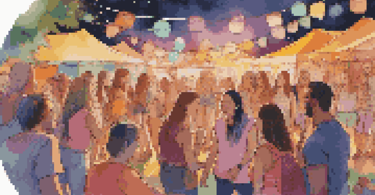 A group of friends at a festival discussing their communication plan, surrounded by colorful decorations and stage lights, showcasing camaraderie and preparedness.