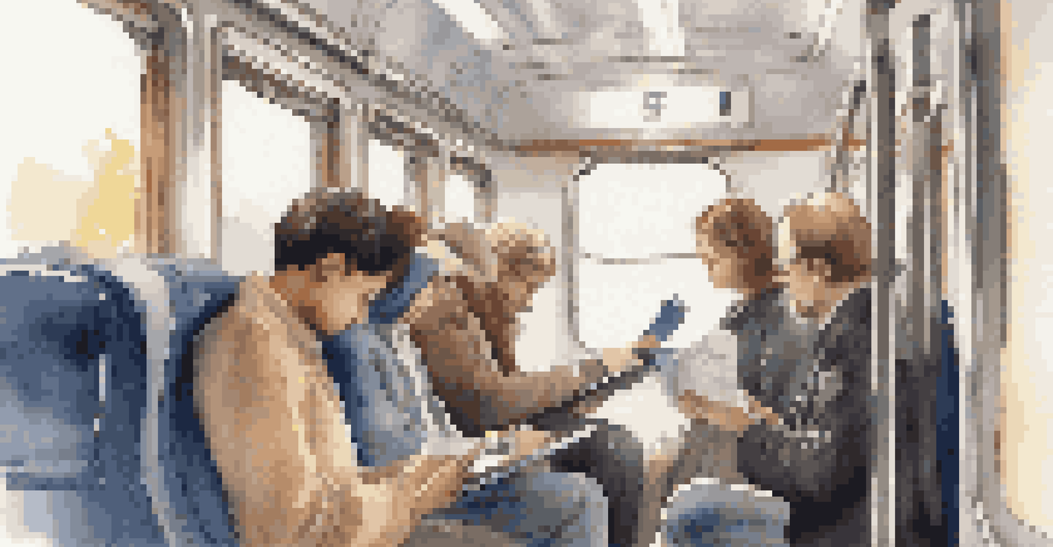 Inside a quiet train carriage, passengers are reading and using devices while maintaining personal space. The atmosphere is calm and respectful.