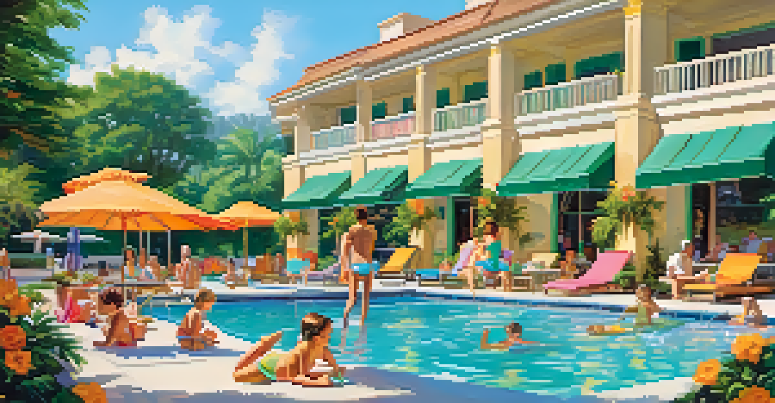 A lively hotel pool area with children playing and parents relaxing, surrounded by greenery and flowers.
