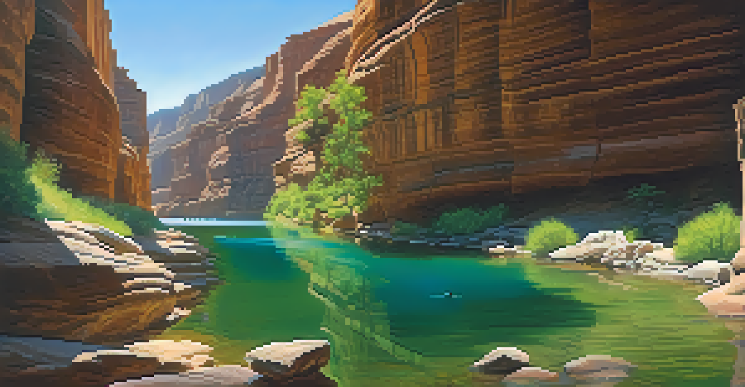 A peaceful canyon with green foliage, a clear pool, and a canyoner swimming in the water.