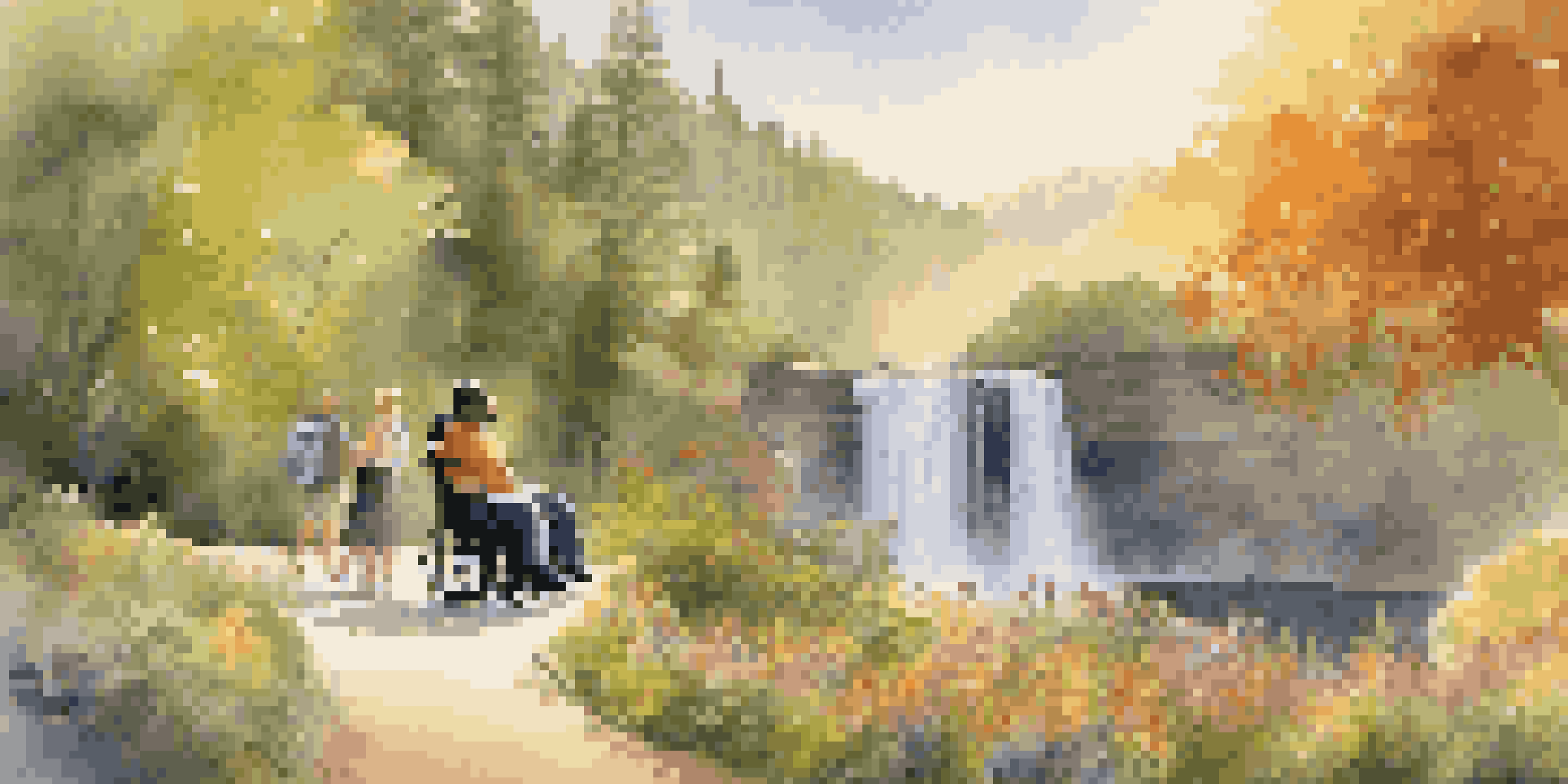 A diverse group of travelers with disabilities in a national park, with a man in a wheelchair on a paved trail and a woman taking photos of a waterfall.