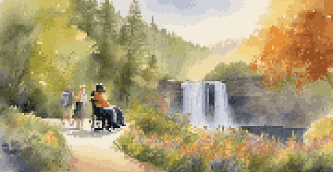 A diverse group of travelers with disabilities in a national park, with a man in a wheelchair on a paved trail and a woman taking photos of a waterfall.