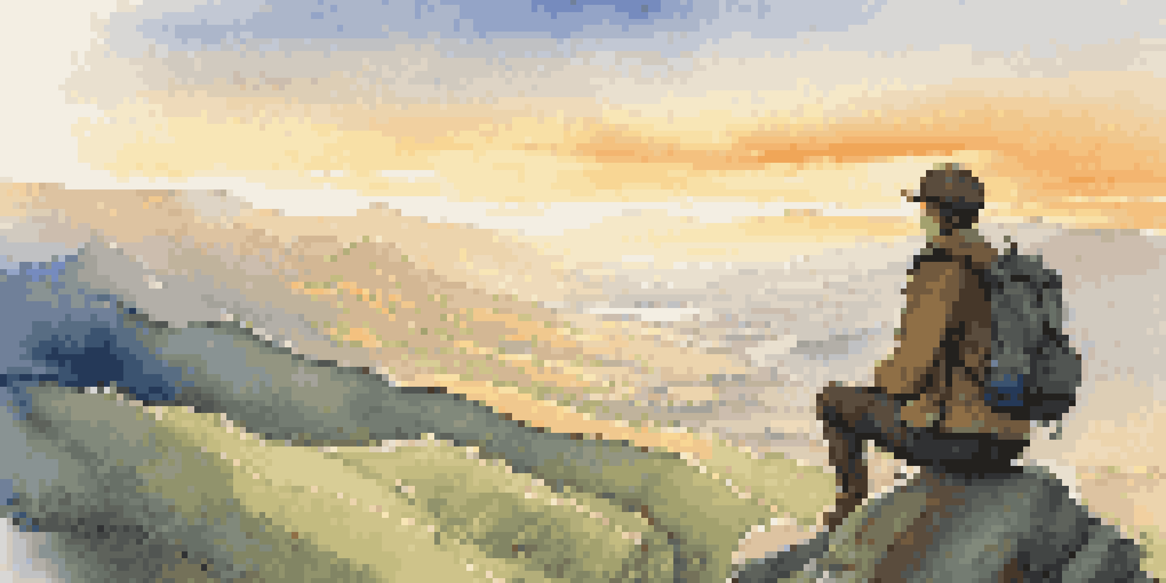 A traveler gazing over a valley from a cliff during sunset, with a backpack and lush greenery around.