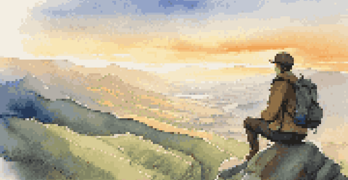 A traveler gazing over a valley from a cliff during sunset, with a backpack and lush greenery around.