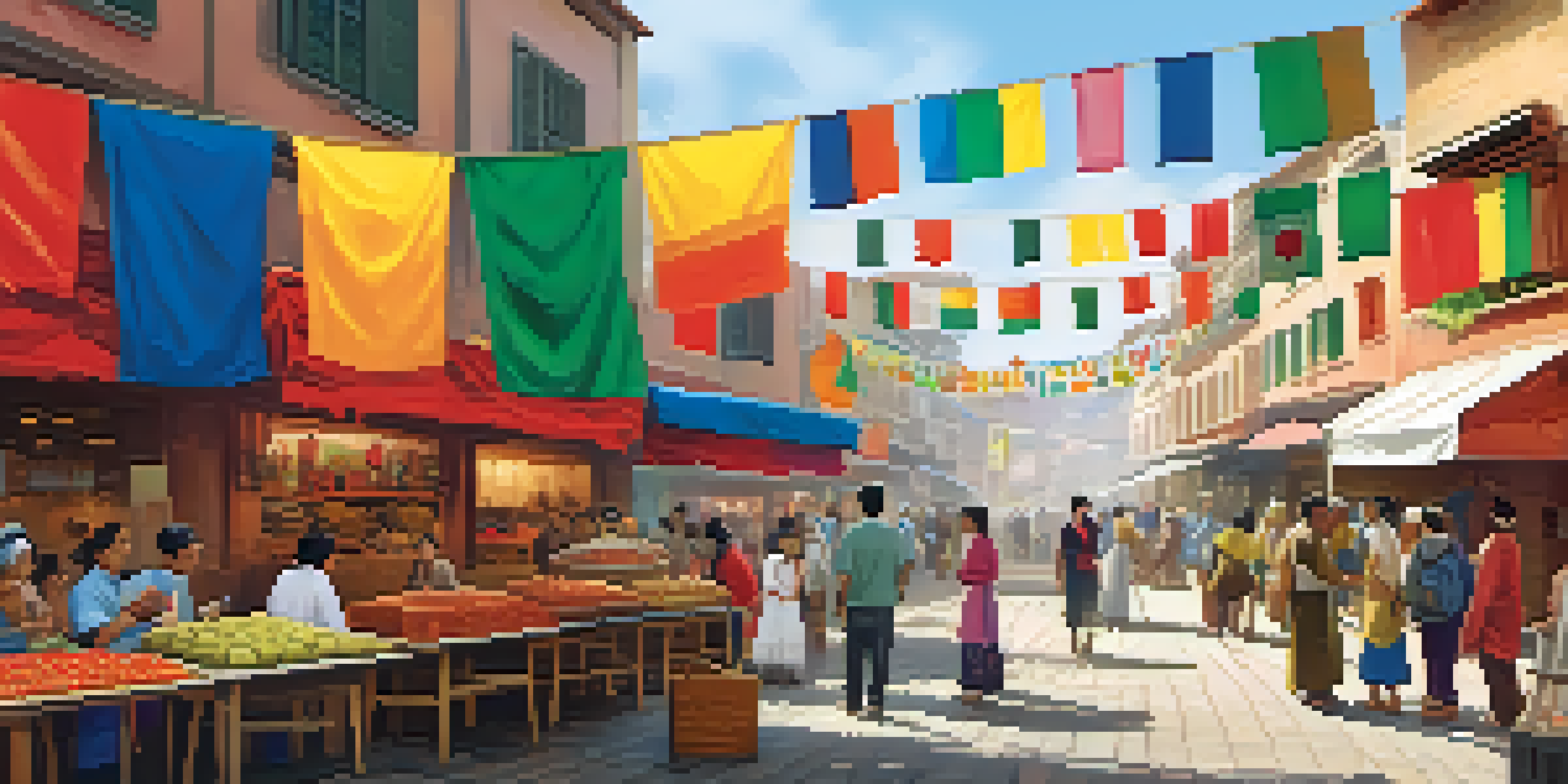 A lively street scene with people speaking and interacting at a language immersion event, surrounded by colorful decorations and vendors.