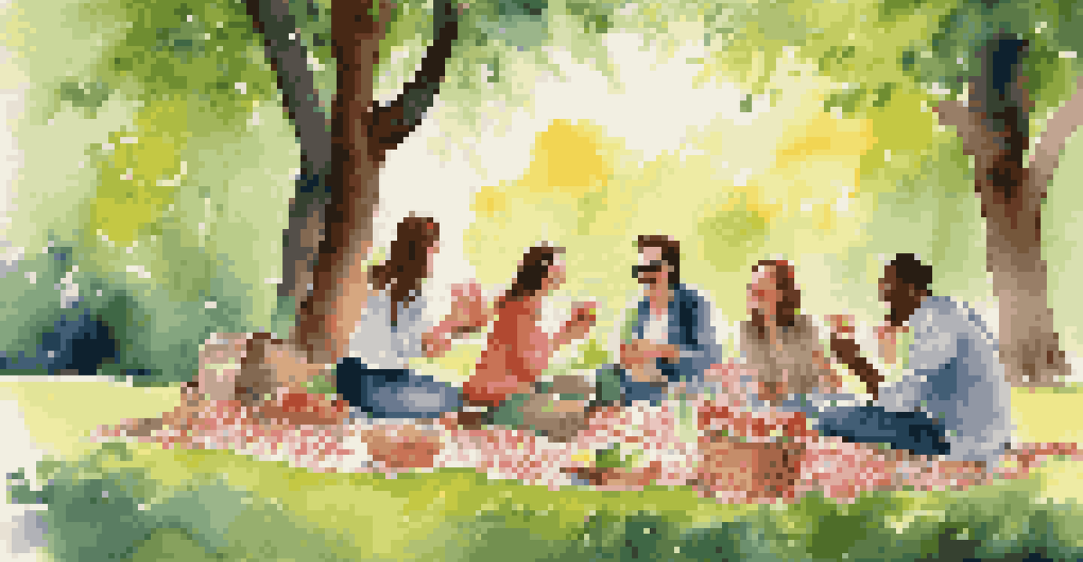 A group of friends enjoying a picnic in a colorful park filled with flowers.
