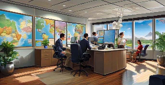 A vibrant travel agency office with agents helping customers and colorful travel brochures.
