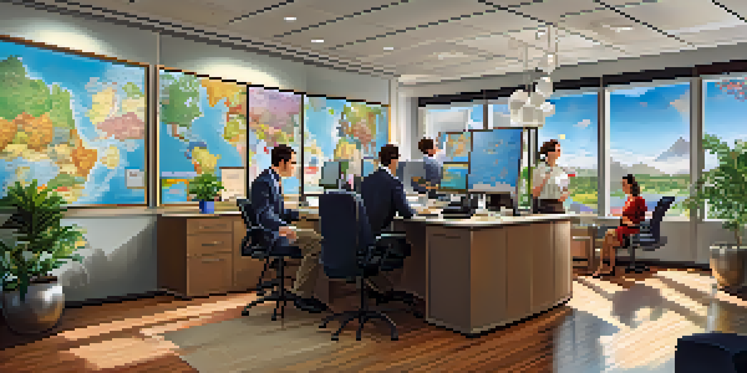 A vibrant travel agency office with agents helping customers and colorful travel brochures.