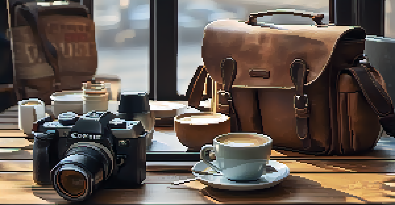 An organized camera bag with accessories on a table next to a cup of coffee in a café.