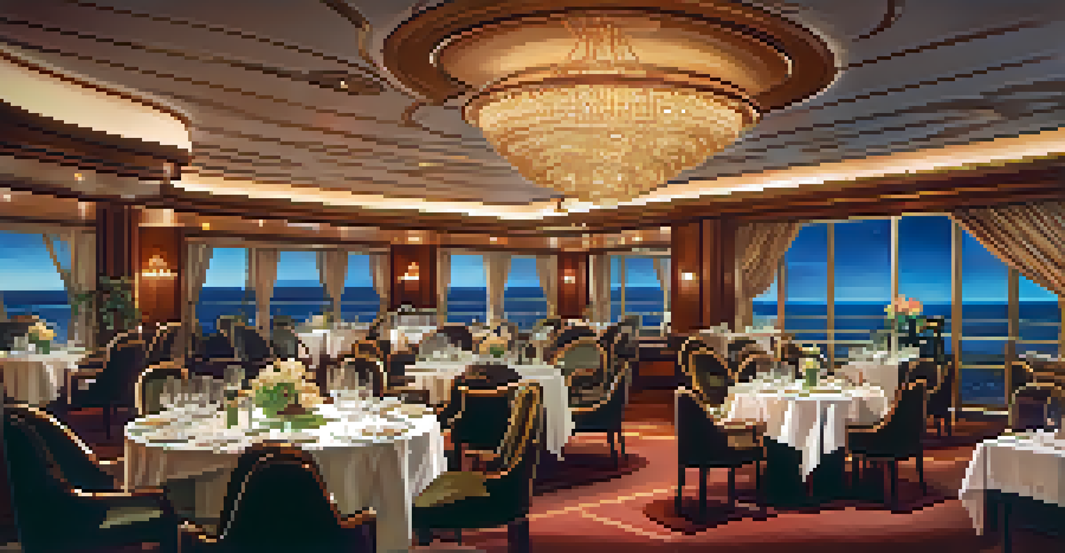 A fine dining table on a cruise ship with multi-course meals and wine glasses, set in a romantic ambiance.