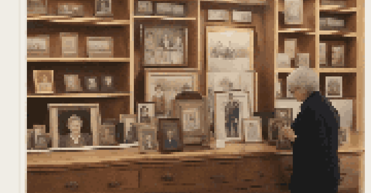 A visitor examines a historical photograph inside a softly lit museum, while a curator shares stories about the family's heritage.