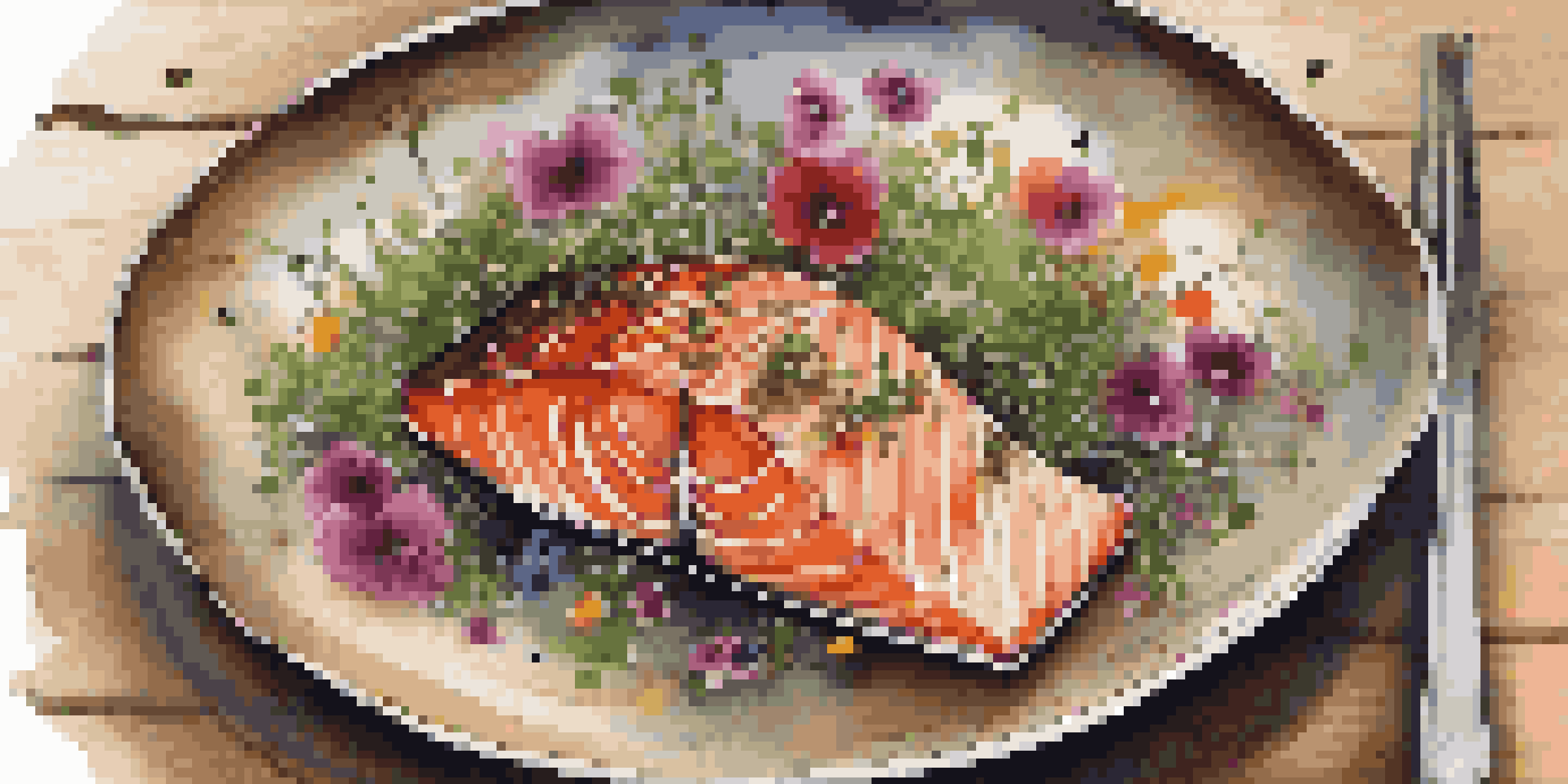 A gourmet dish of seared salmon garnished with microgreens and edible flowers on a rustic wooden table, with soft natural lighting highlighting the textures.