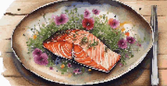 A gourmet dish of seared salmon garnished with microgreens and edible flowers on a rustic wooden table, with soft natural lighting highlighting the textures.