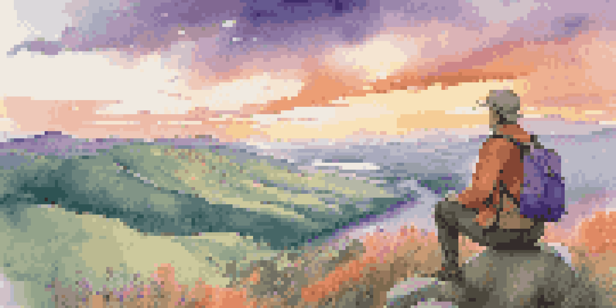 A volunteer traveler on a hilltop during sunset, looking at a lush green valley below.